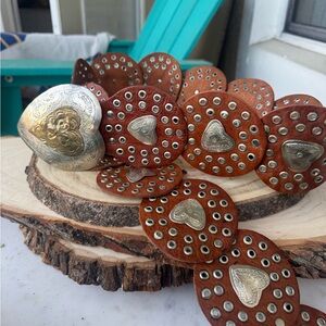 Vintage Chico’s Brown Leather Heart Concho Studded Belt Metal Buckle Western ML